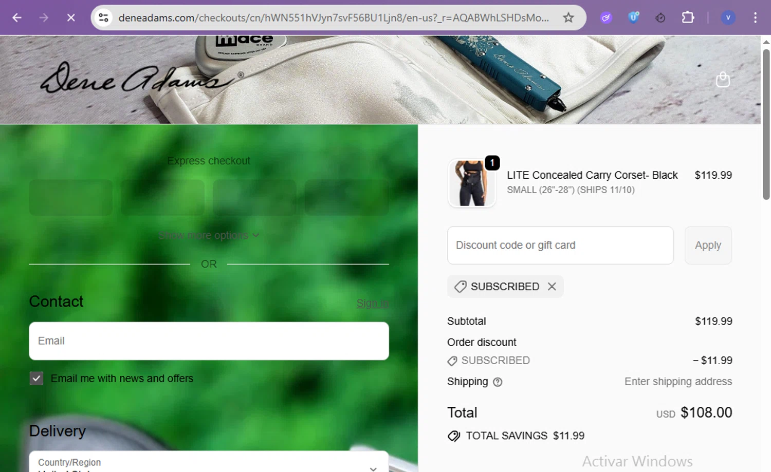 Dene Adams discount code screenshot showing code SUBSCRIBED applied at Dene Adams checkout page. Uploaded by SimplyCodes community member beatrizcastillo on Nov 9, 2025