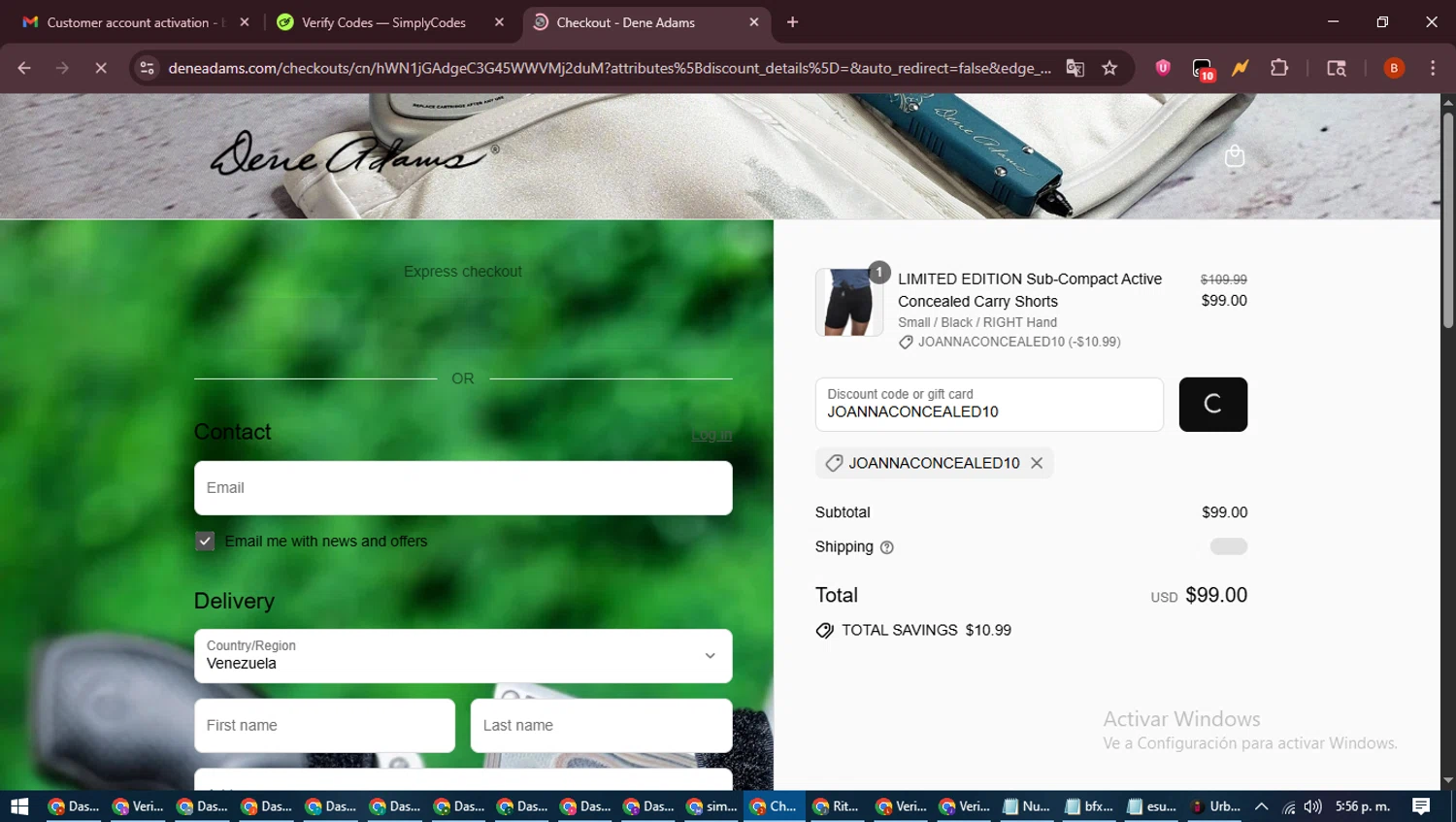 Dene Adams discount code screenshot showing code JOANNACONCEALED10 applied at Dene Adams checkout page. Uploaded by SimplyCodes community member DiscountExpert6435 on Aug 12, 2025