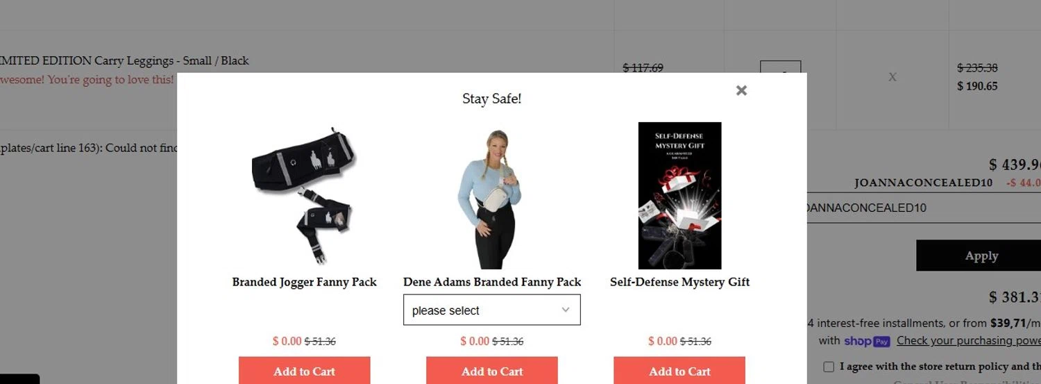 Dene Adams discount code screenshot showing code JOANNACONCEALED10 applied at Dene Adams checkout page. Uploaded by SimplyCodes community member Quemiras on Aug 9, 2025