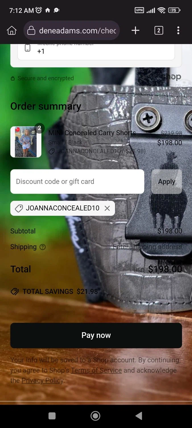 Dene Adams discount code screenshot showing code JOANNACONCEALED10 applied at Dene Adams checkout page. Uploaded by SimplyCodes community member CrownLion2750 on May 3, 2025