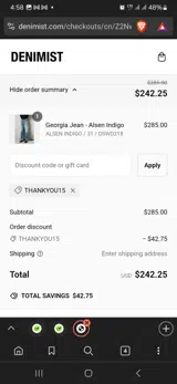 Denimist coupon verification screenshot