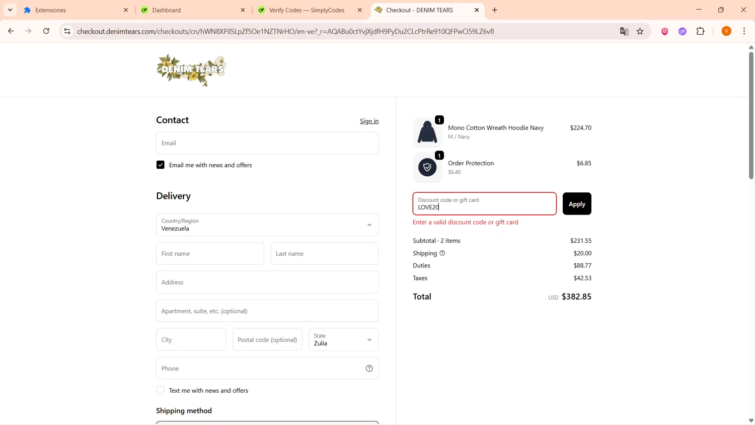 Denim Tears discount code screenshot showing code LOVE20 applied at Denim Tears checkout page. Uploaded by SimplyCodes community member FortunateFinder9465 on Feb 8, 2026