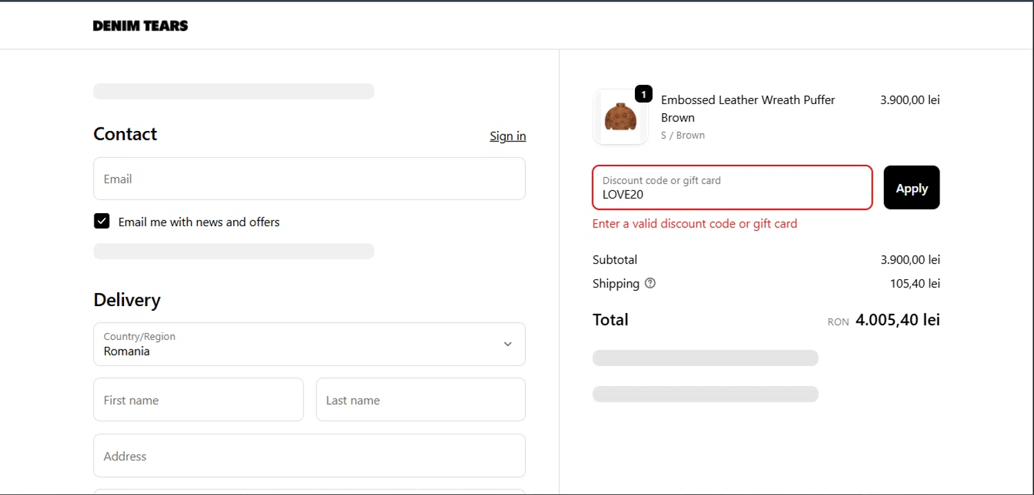 Denim Tears discount code screenshot showing code LOVE20 applied at Denim Tears checkout page. Uploaded by SimplyCodes community member PennySage5996 on Feb 13, 2026