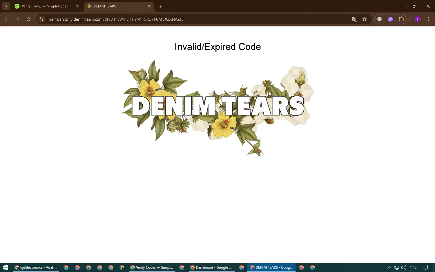 Denim Tears discount code screenshot showing code dt1011/01FD10YN1T5R37F8M6XZKN4ZPJ applied at Denim Tears checkout page. Uploaded by SimplyCodes community member ChinoYugi on Feb 16, 2026