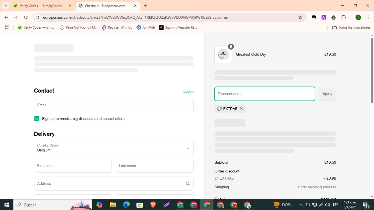 Denim Tears discount code screenshot showing code dt1011/01FD10YN1T5R37F8M6XZKN4ZPJ applied at Denim Tears checkout page. Uploaded by SimplyCodes community member CleverBoss9743 on Apr 8, 2025