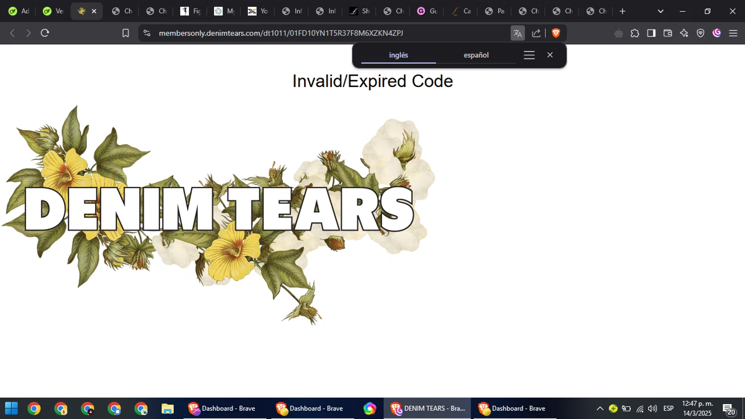 Denim Tears discount code screenshot showing code dt1011/01FD10YN1T5R37F8M6XZKN4ZPJ applied at Denim Tears checkout page. Uploaded by SimplyCodes community member NobleFox488 on Mar 14, 2025