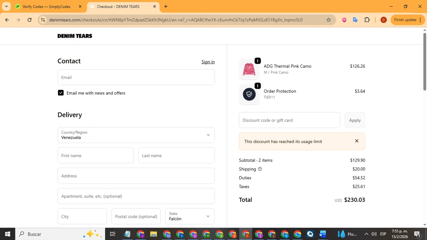Denim Tears discount code screenshot showing code ADBET applied at Denim Tears checkout page. Uploaded by SimplyCodes community member Playstatiton2 on Feb 15, 2026