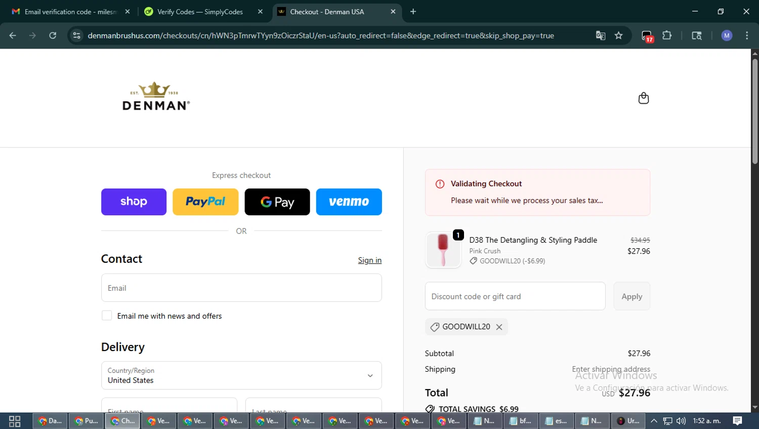 Denman Brush promo code screenshot showing code GOODWILL20 applied at Denman Brush checkout page. Uploaded by SimplyCodes community member PrimeFox5260 on Oct 7, 2025