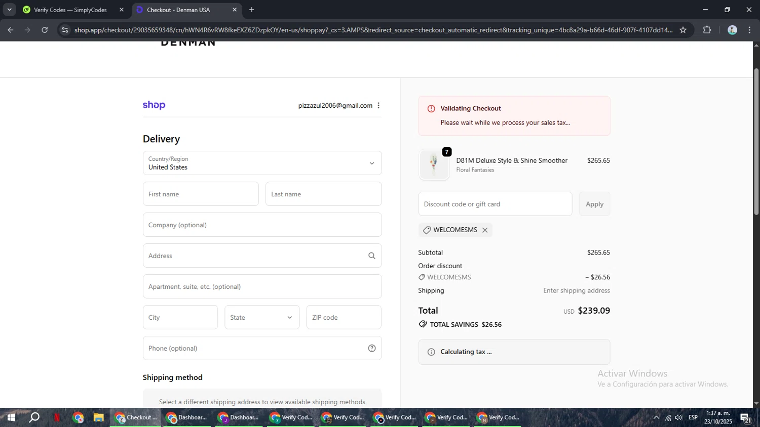 Denman Brush promo code screenshot showing code Welcomesms applied at Denman Brush checkout page. Uploaded by SimplyCodes community member ShrewdSeeker6165 on Oct 23, 2025
