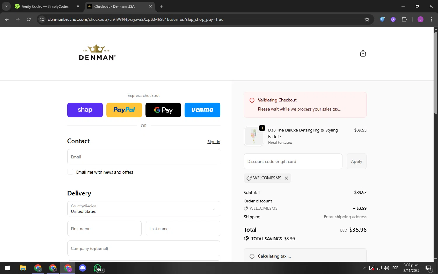 Denman Brush promo code screenshot showing code Welcomesms applied at Denman Brush checkout page. Uploaded by SimplyCodes community member youngchecker on Nov 2, 2025