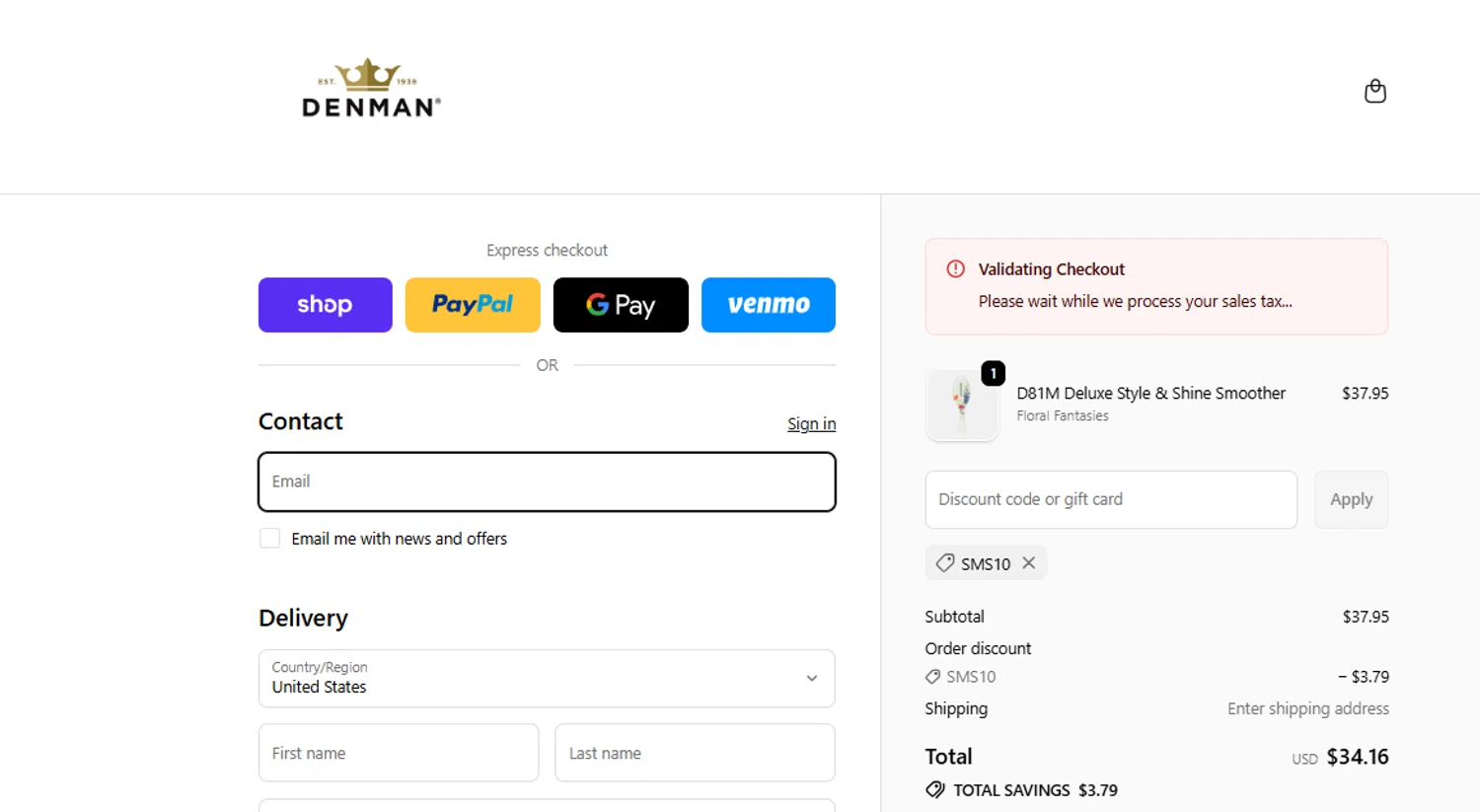 Denman Brush promo code screenshot showing code SMS10 applied at Denman Brush checkout page. Uploaded by SimplyCodes community member ashe1986 on Nov 11, 2025