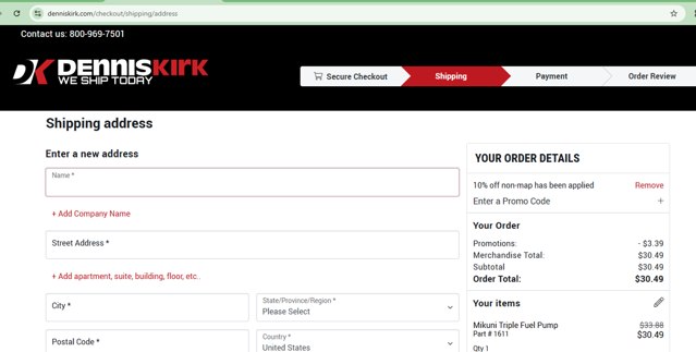 Dennis Kirk checkout page showing Dennis Kirk promo code box | Screenshot taken by SimplyCodes community member on Feb 28, 2025