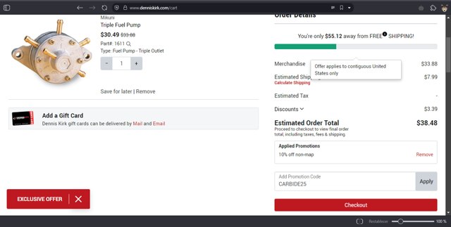 Dennis Kirk checkout page showing Dennis Kirk promo code box | Screenshot taken by SimplyCodes community member on Feb 6, 2025