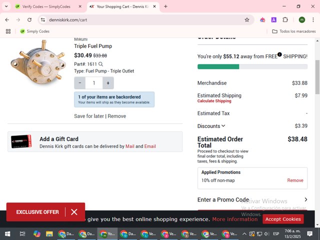 Dennis Kirk checkout page showing Dennis Kirk promo code box | Screenshot taken by SimplyCodes community member on Feb 13, 2025