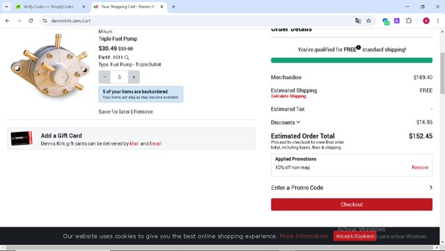 Dennis Kirk checkout page showing Dennis Kirk promo code box | Screenshot taken by SimplyCodes community member on Feb 25, 2025