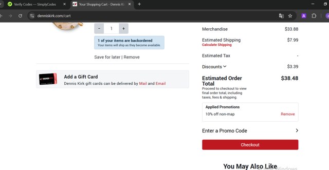 Dennis Kirk checkout page showing Dennis Kirk promo code box | Screenshot taken by SimplyCodes community member on Feb 16, 2025