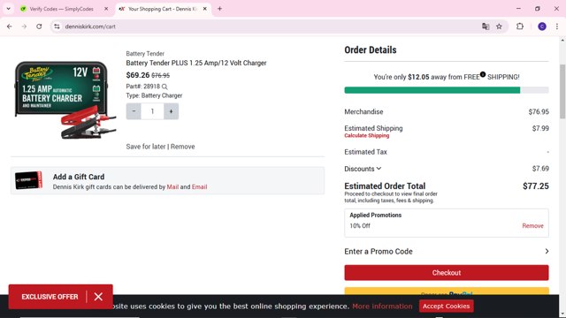 Dennis Kirk checkout page showing Dennis Kirk promo code box | Screenshot taken by SimplyCodes community member on Feb 11, 2025