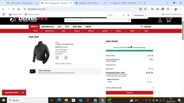 Dennis Kirk checkout page showing Dennis Kirk promo code box | Screenshot taken by SimplyCodes community member on Apr 9, 2025