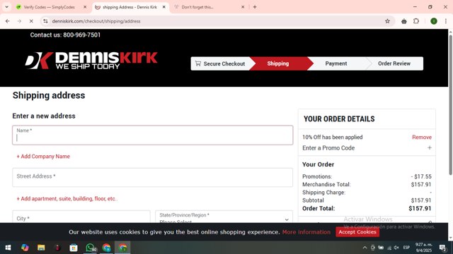 Dennis Kirk checkout page showing Dennis Kirk promo code box | Screenshot taken by SimplyCodes community member on Apr 9, 2025