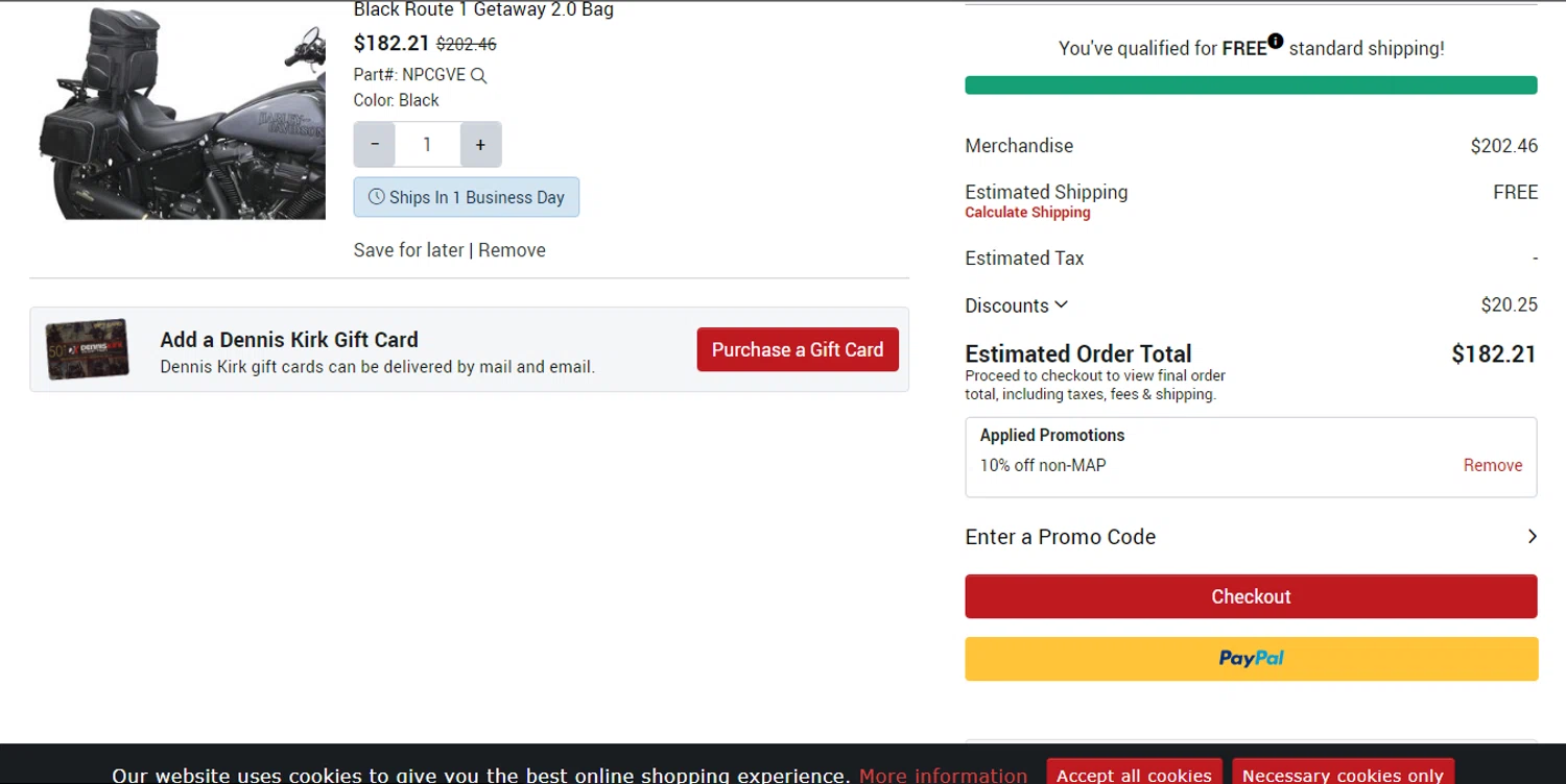 Dennis Kirk promo code screenshot showing code ADAPCPDOLL applied at Dennis Kirk checkout page. Uploaded by SimplyCodes community member HUNTER1406 on Jun 2, 2026