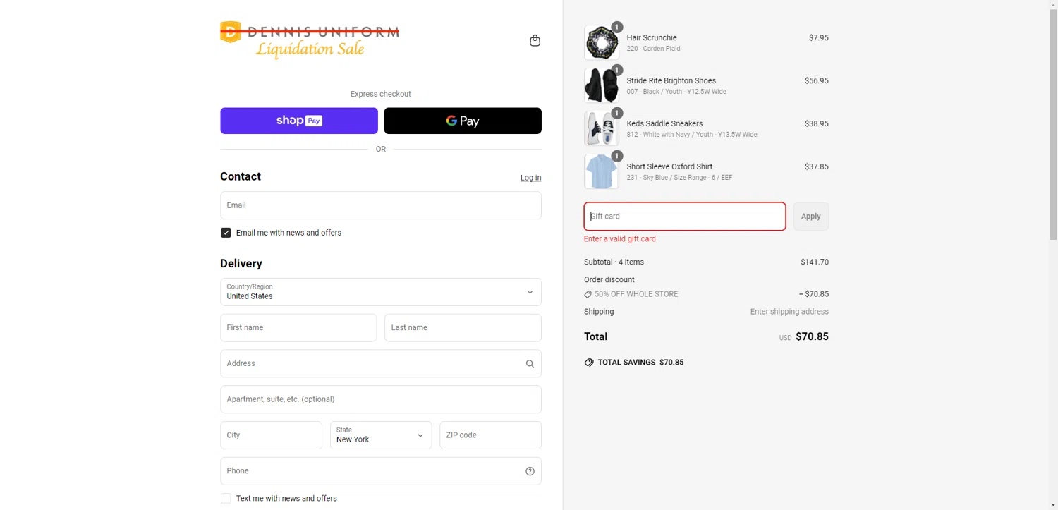 DENNIS Uniform discount code screenshot showing code 15MRFLS24 applied at DENNIS Uniform checkout page. Uploaded by SimplyCodes community member PromoAdmiral6652 on May 31, 2025