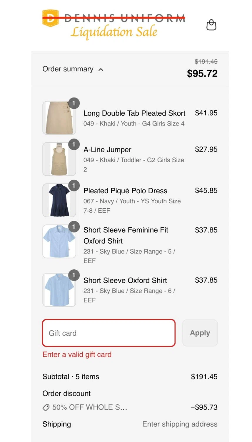 DENNIS Uniform discount code screenshot showing code 15MRFLS24 applied at DENNIS Uniform checkout page. Uploaded by SimplyCodes community member andreina on May 31, 2025