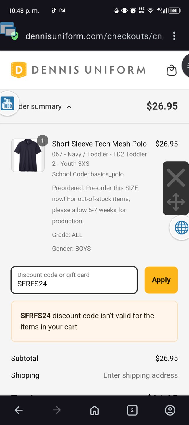 DENNIS Uniform checkout page showing DENNIS Uniform discount code box | Screenshot taken by SimplyCodes community member on Mar 25, 2025