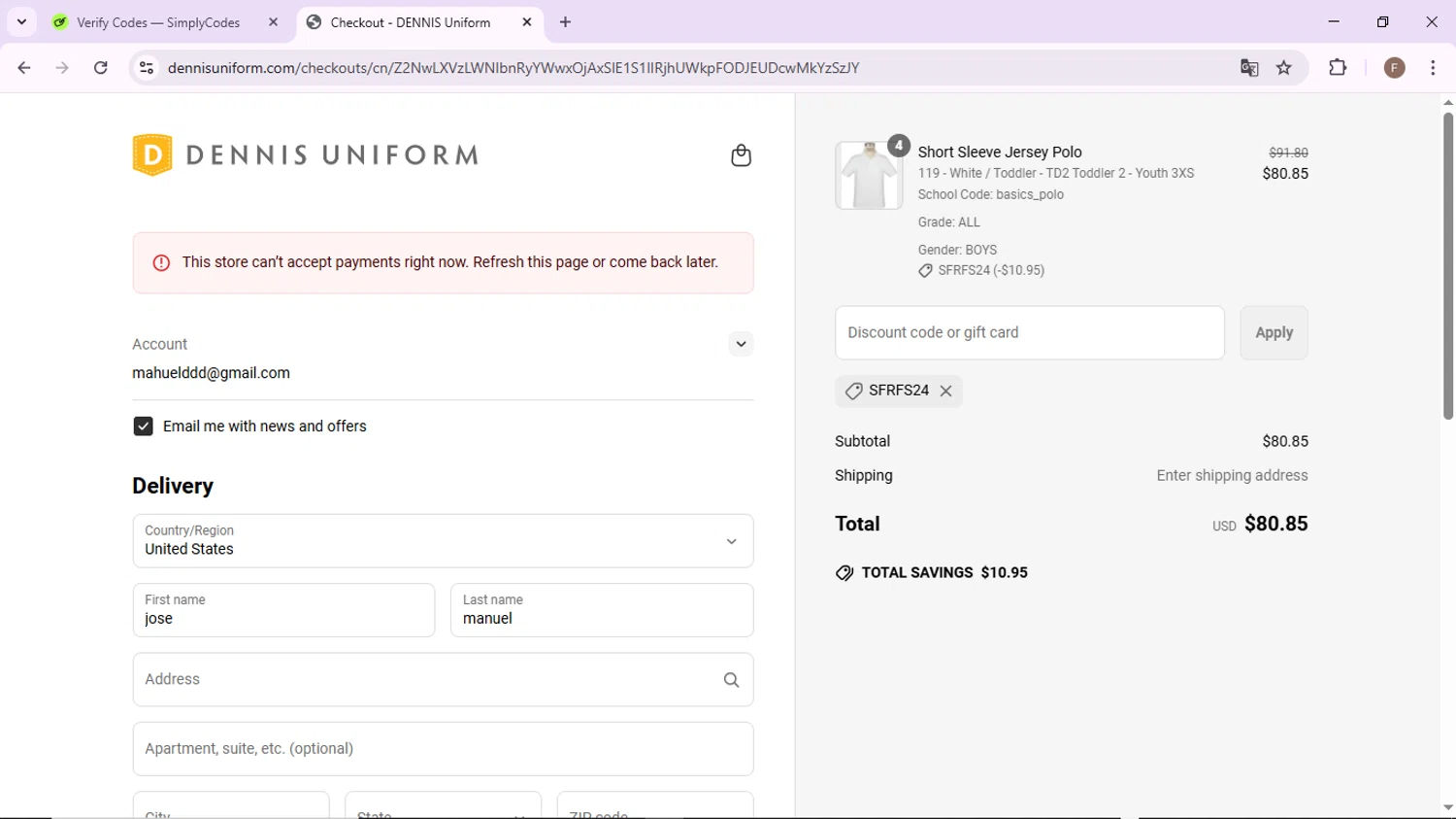 DENNIS Uniform discount code screenshot showing code SFRFS24 applied at DENNIS Uniform checkout page. Uploaded by SimplyCodes community member CashLion2660 on Mar 25, 2025