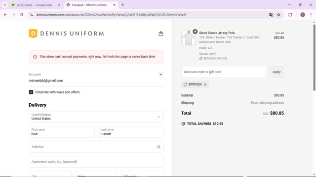 DENNIS Uniform checkout page showing DENNIS Uniform discount code box | Screenshot taken by SimplyCodes community member on Mar 25, 2025