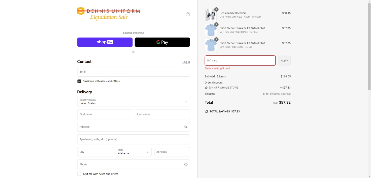 DENNIS Uniform discount code screenshot showing code SFRFS24 applied at DENNIS Uniform checkout page. Uploaded by SimplyCodes community member SilverChaser3269 on May 29, 2025