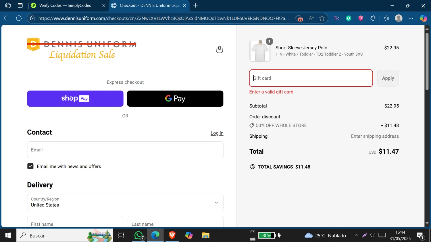DENNIS Uniform discount code screenshot showing code FS24DDC130 applied at DENNIS Uniform checkout page. Uploaded by SimplyCodes community member Jeffersontorrealba on May 31, 2025