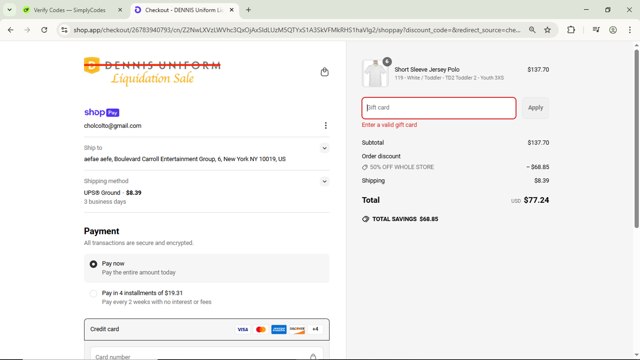 DENNIS Uniform checkout page showing DENNIS Uniform discount code box | Screenshot taken by SimplyCodes community member on May 31, 2025