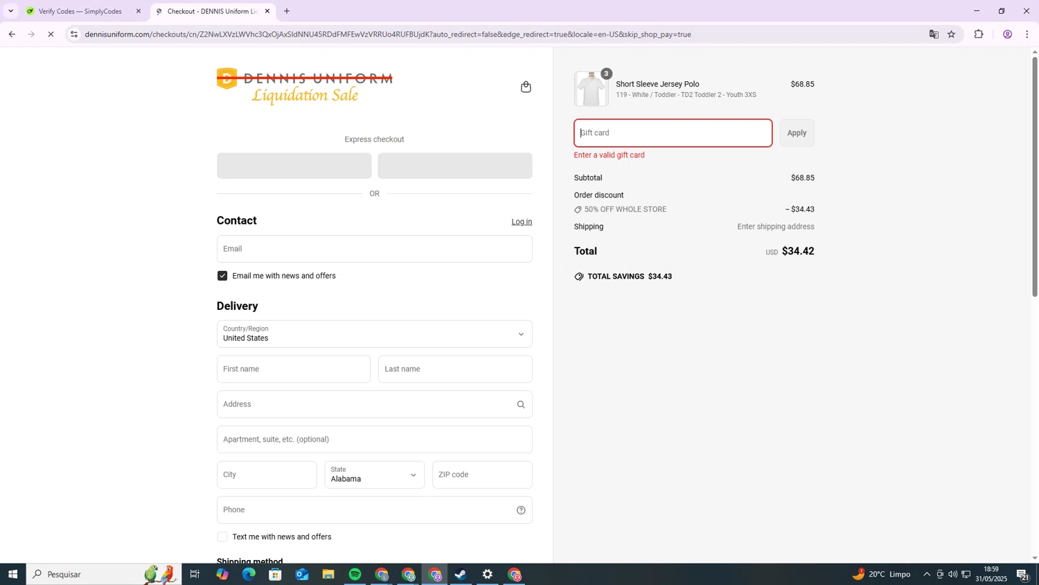 DENNIS Uniform discount code screenshot showing code FS24DDC130 applied at DENNIS Uniform checkout page. Uploaded by SimplyCodes community member SilverMaven6092 on May 31, 2025