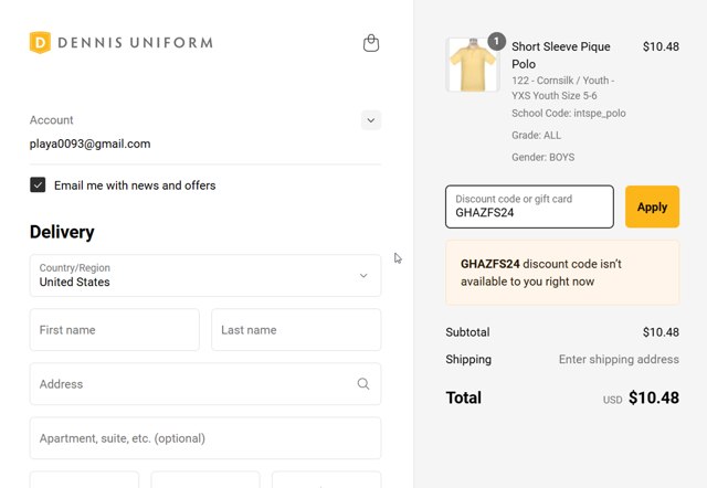 DENNIS Uniform checkout page showing DENNIS Uniform discount code box | Screenshot taken by SimplyCodes community member on Apr 5, 2025