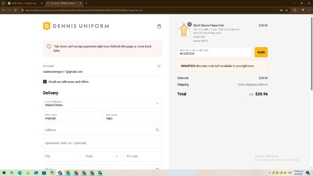 DENNIS Uniform checkout page showing DENNIS Uniform discount code box | Screenshot taken by SimplyCodes community member on Mar 7, 2025