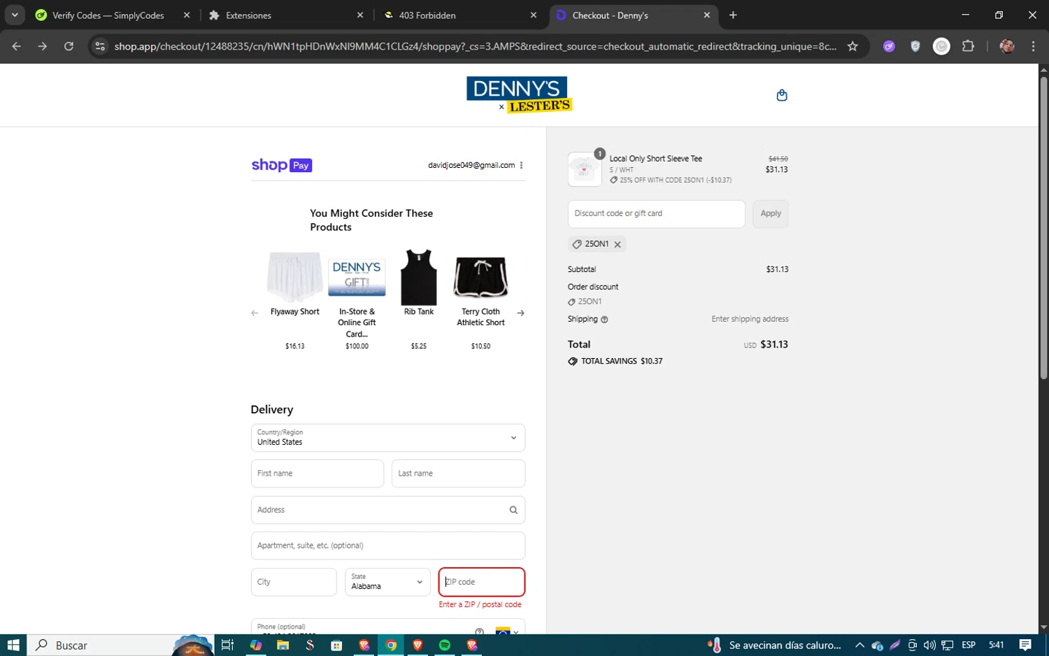 Denny's Apparel checkout page showing Denny's Apparel promo code box | Screenshot taken by SimplyCodes community member on Aug 17, 2025