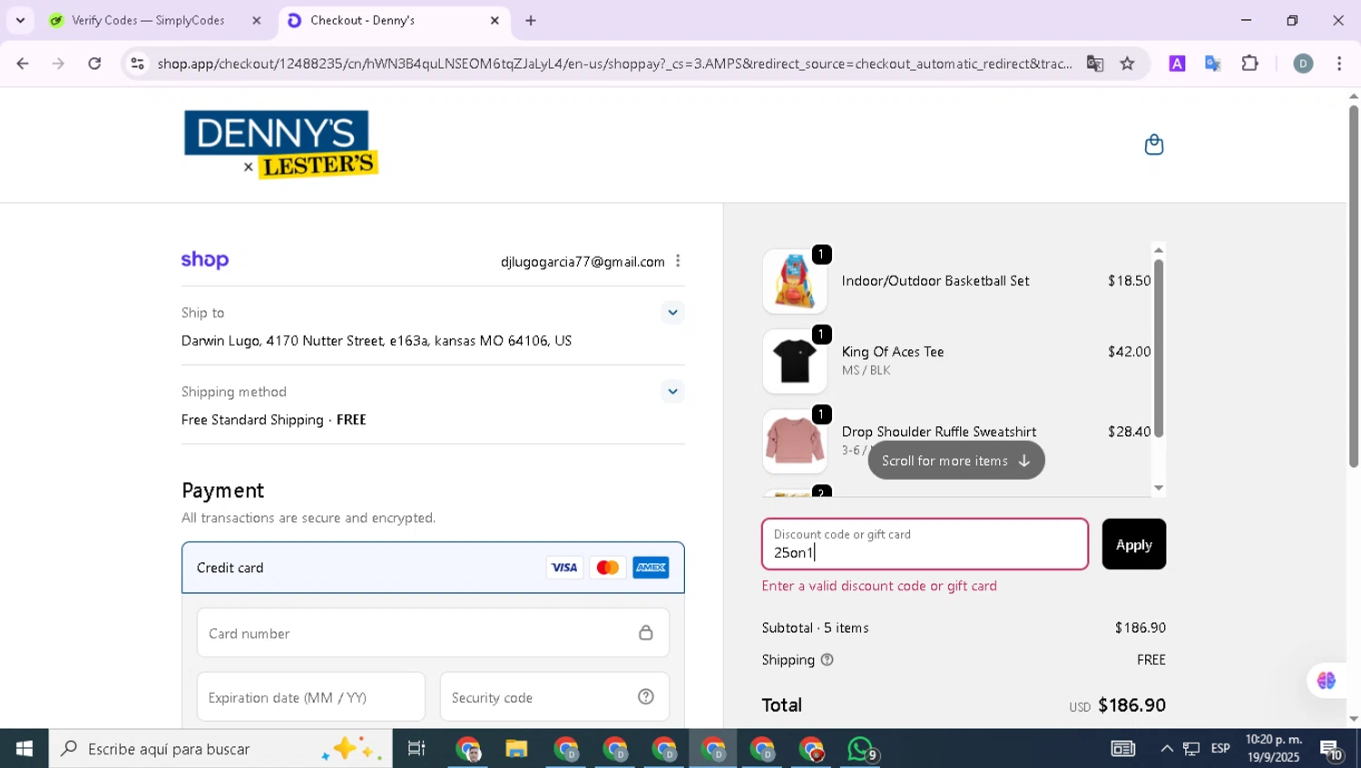 Denny's Apparel promo code screenshot showing code 25on1 applied at Denny's Apparel checkout page. Uploaded by SimplyCodes community member FortunatePioneer422 on Sep 20, 2025