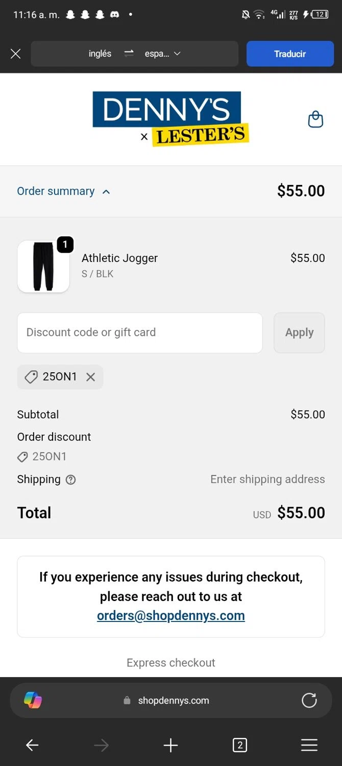 Denny's Apparel checkout page showing Denny's Apparel promo code box | Screenshot taken by SimplyCodes community member on Feb 7, 2026
