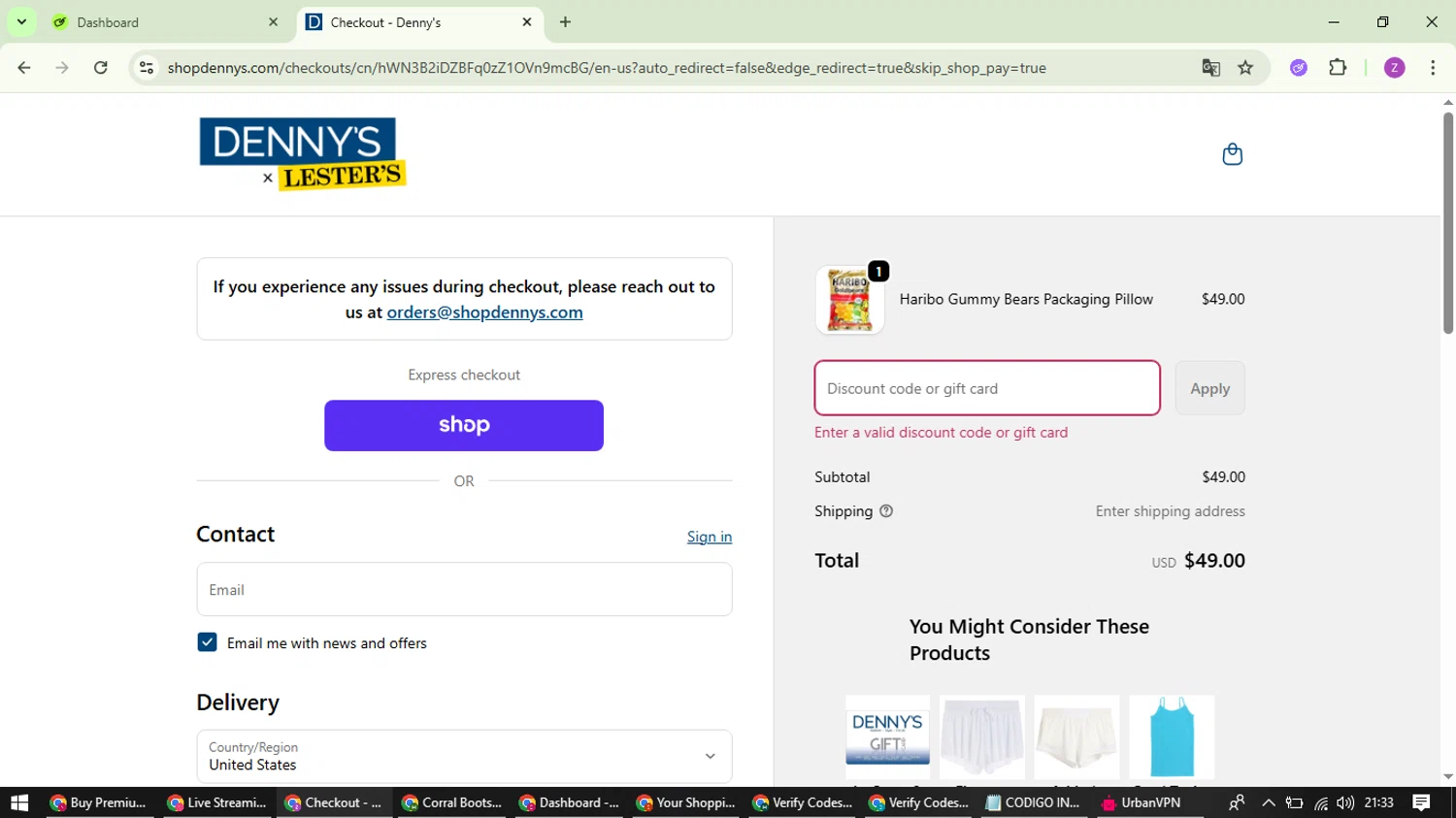 Denny's Apparel promo code screenshot showing code 25on1 applied at Denny's Apparel checkout page. Uploaded by SimplyCodes community member ValiantFinder3275 on Sep 20, 2025