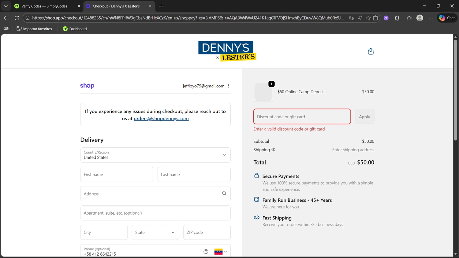 Denny's Apparel promo code screenshot showing code 250n1 applied at Denny's Apparel checkout page. Uploaded by SimplyCodes community member Clairer on Jan 31, 2026