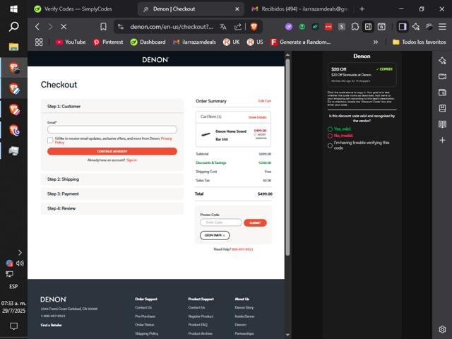 Denon checkout page showing Denon promo code box | Screenshot taken by SimplyCodes community member on Jul 29, 2025