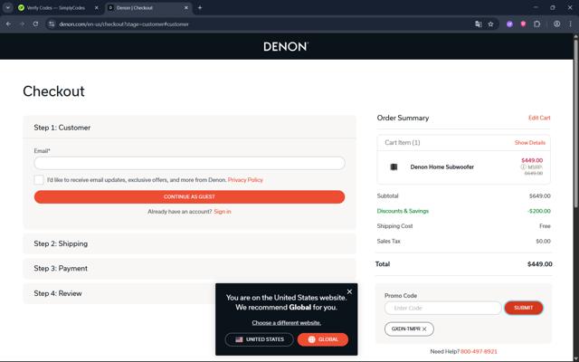 Denon checkout page showing Denon promo code box | Screenshot taken by SimplyCodes community member on Aug 16, 2025