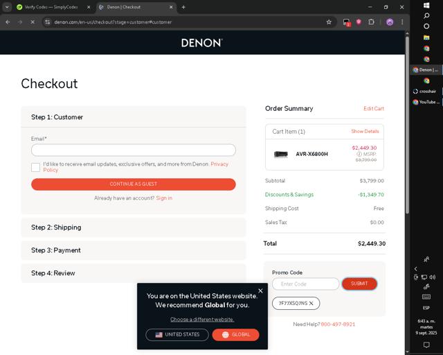 Denon checkout page showing Denon promo code box | Screenshot taken by SimplyCodes community member on Sep 9, 2025