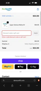 DenSureFit coupon verification screenshot