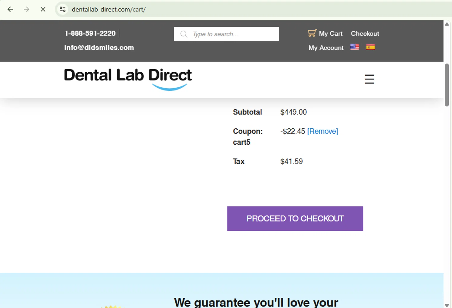 Dental Lab Direct checkout page showing Dental Lab Direct promo code box | Screenshot taken by SimplyCodes community member on Jan 9, 2026