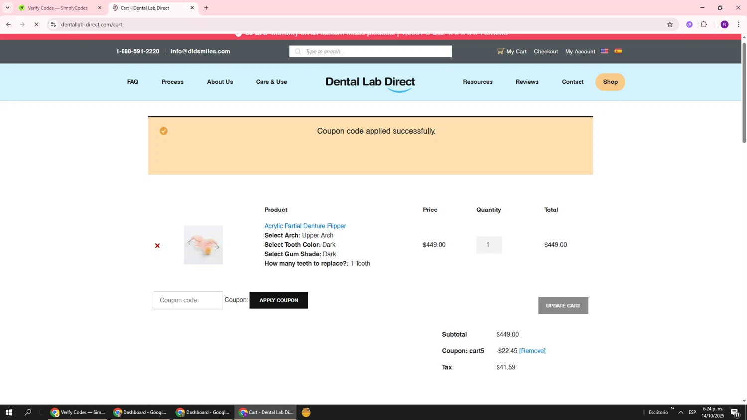 Dental Lab Direct promo code screenshot showing code CART5 applied at Dental Lab Direct checkout page. Uploaded by SimplyCodes community member ukemochi on Oct 14, 2025