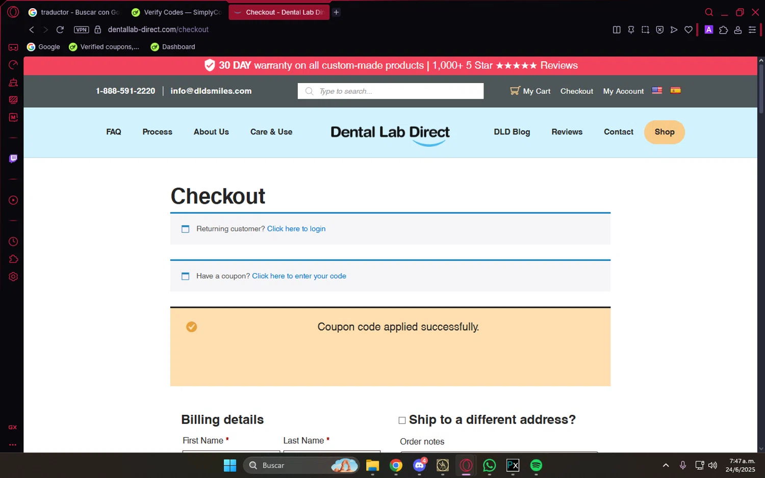 Dental Lab Direct promo code screenshot showing code FREESHIP1 applied at Dental Lab Direct checkout page. Uploaded by SimplyCodes community member LuckyVoyager5522 on Jun 24, 2025