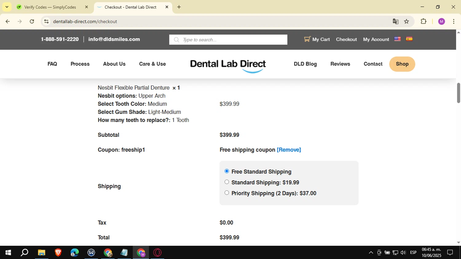 Dental Lab Direct promo code screenshot showing code FREESHIP1 applied at Dental Lab Direct checkout page. Uploaded by SimplyCodes community member NobleSeeker3177 on Jun 10, 2025