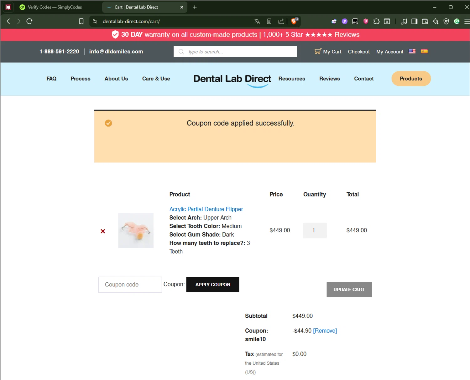 Dental Lab Direct promo code screenshot showing code SMILE10 applied at Dental Lab Direct checkout page. Uploaded by SimplyCodes community member AliceLidell on Nov 11, 2025