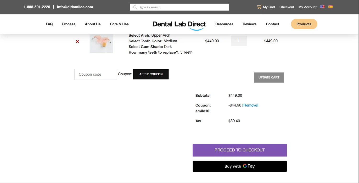 Dental Lab Direct promo code screenshot showing code SMILE10 applied at Dental Lab Direct checkout page. Uploaded by SimplyCodes community member ArthurMorgan on Nov 11, 2025